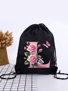 1pc Summer New Floral & Letter Outdoor Sports Bag, Football Backpack, Basketball Backpack, Boys & Girls Sports Bag, Hiking Backpack, Large Capacity Lightweight Drawstring Bag - Black - View 21