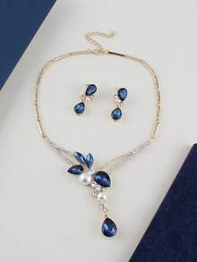 三件套首饰套装，时尚迷人优雅的几何蓝色珍珠水晶项链一条和耳环一副，适合女性日常佩戴，也是送给朋友的精美礼物。 - 藍色 - 查看 2