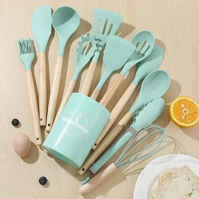 12 pezzi Set di utensili da cucina in silicone con manici in legno e contenitore di stoccaggio, resistente al calore, 5 colori adatti per la cucina moderna