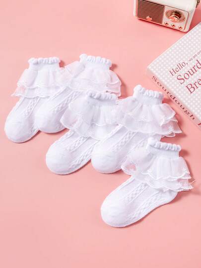 1/5 Pairs Girls White Princess Style Lace Trim Socks, Cute & Fashionable, Fine & Soft, Versatile Short Socks, Breathable & Comfortable Double-Layer Lace Mesh Socks, Suitable For Princess Dresses/School Performances/Weddings/Casual Activities
