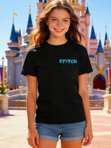 Soft Cotton T-Shirt | Disney Lilo & Stitch Front & Back Graphic | Casual Daily WearMade From Soft, Comfortable, And Durable Pure Cotton, This Is An Ideal Choice For Spring And Summer. This Crew Neck T-Shirt Is Suitable For Various Occasions, Including Everyday Wear, Shopping, Parties, Travel, And Gatherings, And Also Makes A Thoughtful Gift. - Black - View 2