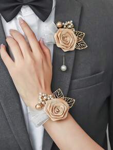 1 pieza/2 piezas Flor de rosa de color café con hoja de aleación metálica, adecuada para el novio, la novia, el padrino, la dama de honor, boda, compromiso, cena formal, aniversario, fiesta - marrón café - Ver 6