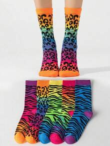 5双装女士时尚豹纹中筒袜，适合所有季节 - 彩色 - 查看 8