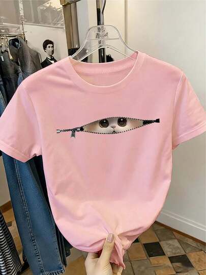 Tween Girl Funny Peeking Cat Zipper Cartoon Print T-Shirt, Soft And Comfortable Fabric, Suitable For Girls Outdoor Sports, Daily Wear, Street Fashion, Campus Style, Girls Spring/Summer Casual Versatile Top