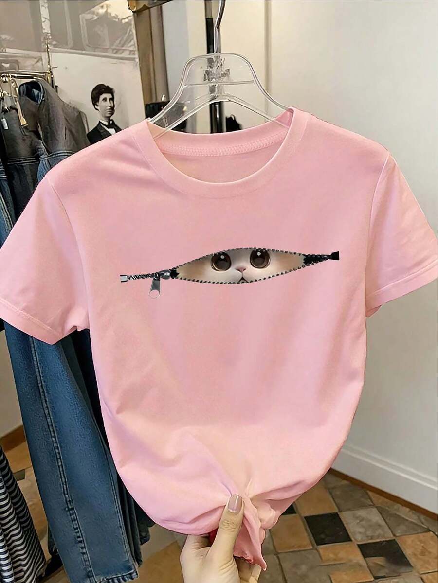 少女趣味猫咪偷窥卡通印花拉链T恤,面料柔软舒适,适合女孩户外运动、日常穿着、街头时尚、校园风格,春夏百搭休闲上衣 - 粉色 - 查看 1