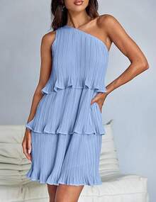 Vestido feminino sem mangas com um ombro só, barra em patchwork em camadas, ideal para apresentações de palco. - Azul celeste - Ver 1
