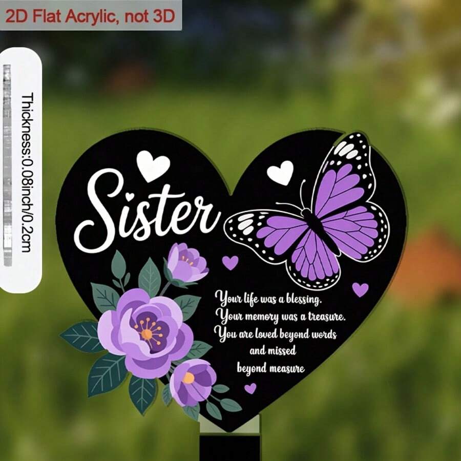 2D Flat Design, Sisters Memorial 2D Flat Acrylic Heart-Shaped Garden Plaque - Purple Butterfly Floral Pattern, Suitable For Garden, Yard, Cemetery Decor, 2D Flat Design - B - View 1