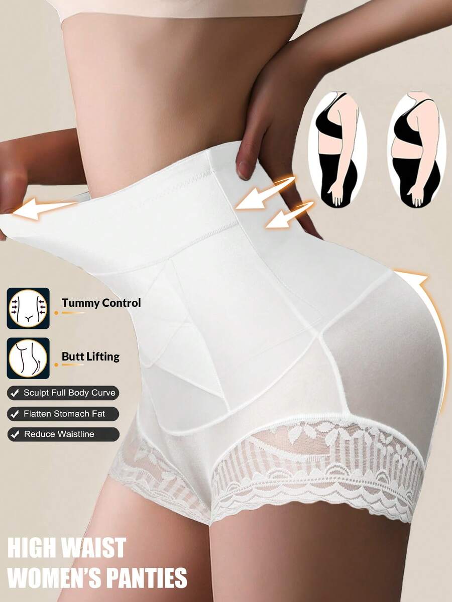 1 buah Celana Dalam Pembentuk Tubuh Pinggang Tinggi Tanpa Jahitan untuk Wanita, Pakaian Dalam Pembentuk Tubuh Pelangsing dengan Kontrol Perut dan Pengangkat Bokong Berenda - Putih - View 1