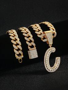 嘻哈风镶钻链，配定制草书字母吊坠，镀金项链，个性化首字母首饰 - 嘻哈字母項鍊 - 查看 26