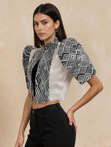 1pc Modern Filipino Women's Fashion Semi-Transparent Splice Stand Collar Design Elegant Blouse, Button-Up Shirt Style Spring/Summer Filipino Jacket For Ladies - Black - View 4