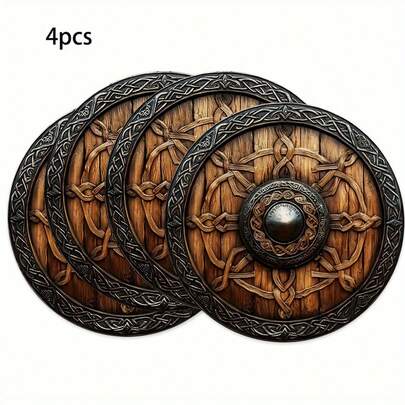 4个2D印花盾牌图案圆形木质杯垫，适用于庭院、厨房、客厅、家庭聚会餐桌装饰，节日送给亲朋好友的礼物，也适合情人节、婚礼、生日派对家居装饰，是送给朋友的最佳礼物。