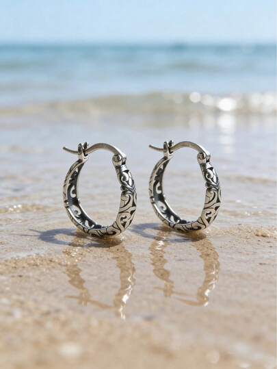 1件复古镂空圈形耳环，古董镀银波西米亚卷轴图案首饰，女士款