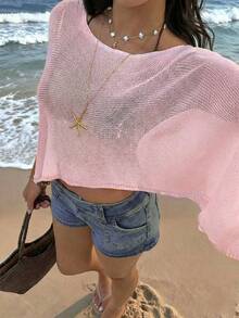 夏季新款女式白色罩衫，寬鬆休閒透視性感，不對稱下擺，適合度假海灘，波希米亞風海灘裝白色上衣 - 粉色 - 查看 4