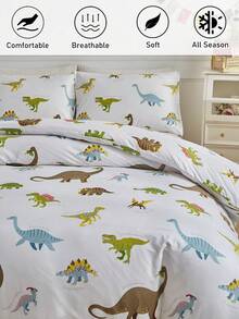 2/3pcs Dinosaur Print Bedding Set, Cartoon Cute Polyester Duvet Cover & Pillowcase Set, Soft & Breathable, Machine Washable, Gift For Boys, Girls, Children, Teens (1 Duvet Cover + 1/2 Pillowcase, No Filler) - Multicolor - View 2