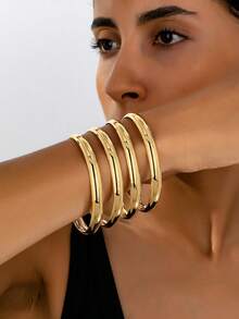4pcs Minimalist Plain Bangle Bracelets For Women - Yellow Gold - View 1