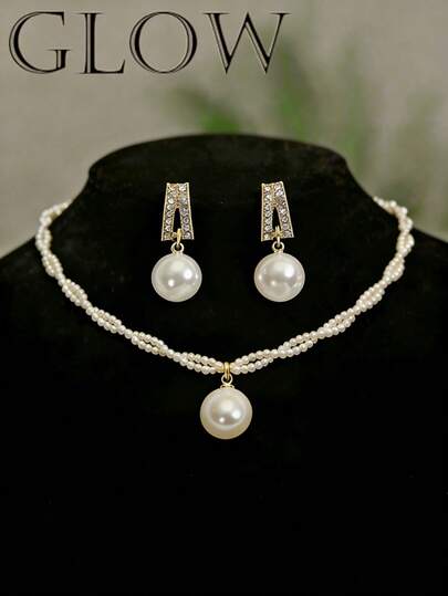 Elegant Fashion Versatile Faux Pearl Wrap Necklace, Minimalist Vintage Earrings Set, Suitable For Teenage Girls Daily And Holiday Wear