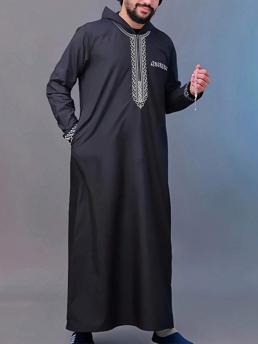 Men's Pattern Embroidered Zip-Up Hooded Robe, Casual Long Sleeve Muslim Formal Wear, Suitable For Multiple Seasons Islamic Clothing - Black - View 1