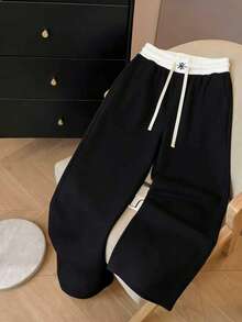 Men's; 1pc Loose Fashion Sports Pants, Belt-Out Colorblock Design. Unisex Wide Leg Pants Casual Minimalist, Waist Drawstring, Large Pockets, Suitable For Watching World Cup, Daily Walking, Work, Travel, Etc. Perfect Gift For Father On Father's Day, July 4th Celebration - Black - View 4
