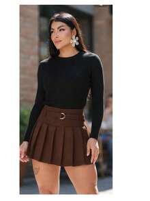Women's Tailored Pleated Shorts/Skirt With Belt - Casual, Versatile, And - Rỉ Nâu - Xem 4