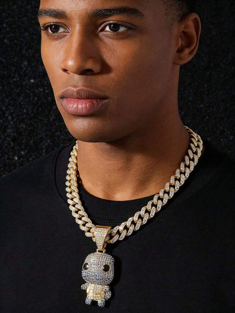 1pc Men's Fully Iced-Out Hip Hop Cuban Chain With Cartoon Animal Turtle Pendant Necklace - Style a - View 1