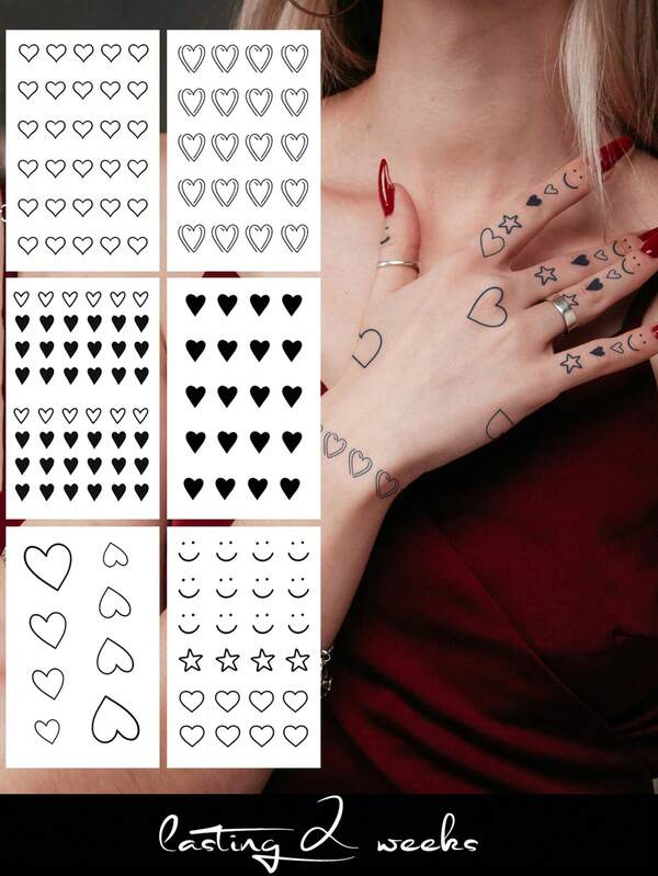 6pcs Herbal Juice Semi-Permanent Finger Tattoo Stickers, Cute & Cool Heart & Smiling Face Patterns, Suitable For Daily, Party, Festival, Gift - Refreshing, Soft, Waterproof, Easy To Apply On Fingers, Arms, Shoulders, Neck, Collarbone