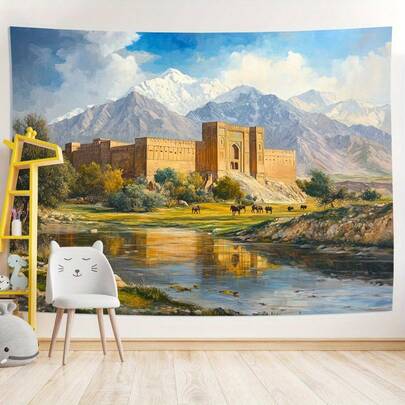 1件3D视觉效果喀布尔巴拉希萨尔要塞背景幕布，适用于客厅、卧室、办公室、派对装饰、家居装饰、房间装饰、日常墙面装饰，创意十足