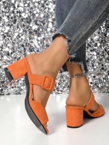 Solid Color Fabric Faux Button High Heel Sandals, Suitable For Party, Outdoor, Holiday, Office, Wedding, All Seasons - Orange - View 3