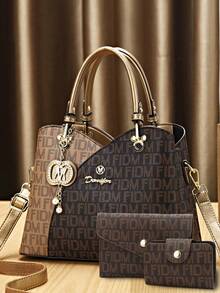 今年流行的母女三件套包包，经典大容量女士休闲手提包，高端优雅女士提花手提包 - 棕色 - 查看 10