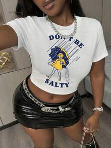 Women'S Short Sleeve T-Shirt, "Don'T Be Salty" Graphic Crop Top, Cartoon Playful Casual Slim Top For Spring, Summer, Autumn Wear - White - View 7