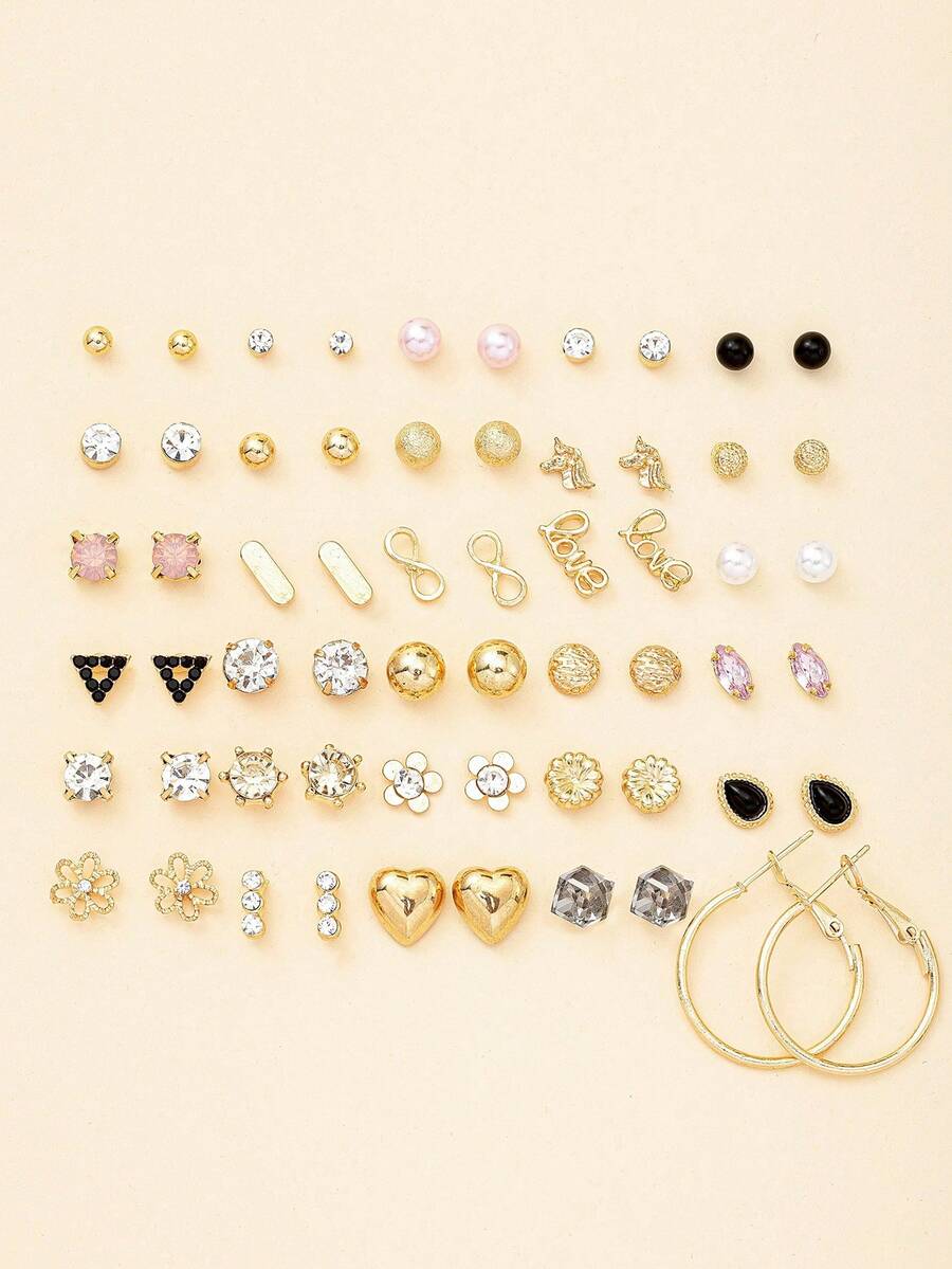 30 Pairs/Set Women's Fashion Earrings Set, Triangle, Heart, Minimalist Geometric Pattern, Square, Teardrop, Versatile Daily, Party, Casual Wear - Multicolor - View 1