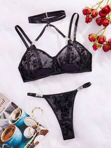 Bộ áo hai dây và áo ngực choker bằng vải lưới xuyên thấu gợi cảm. - màu đen - Xem 5