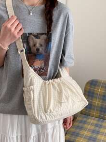 格子女士单肩包，休闲百搭可折叠拉链封口可调节肩带手提包，适合日常使用，学生/大学生适用，简约可爱褶皱多口袋抽绳前袋布包，卡哇伊 - 彩色 - 查看 17