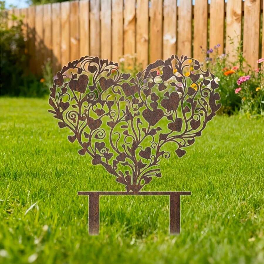 1 pieza Escultura de estaca de jardín de acrílico con forma de corazón elegante - Decoración de granja vintage para interiores y exteriores, con recorte con forma de corazón, estaca de suelo de fácil instalación, adecuada para césped, patio, hogar - Regalo ideal para inauguración de casa, boda, Navidad, Halloween - A - Ver 1