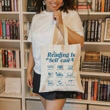 Book-Themed Tote Bag - A Self-Care Library Book Bag With Book And Heart Patterns, Inspired By BookTok, A Minimalist Gift For Book Lovers (White/Black) - Durable Book Carrying Bag, Suitable For Readers, Book Clubs, And Library Visits - 天然帆布 - 查看 4