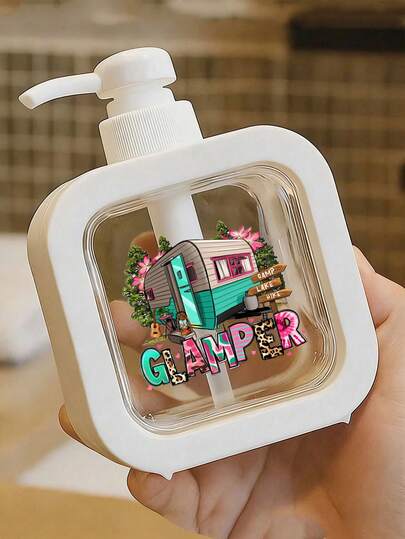 Happy Camper Hand Soap Dispenser - Retro Camper Van And Classic RV Design With Turquoise Bubble, Pink Flower & Happy Camper Label, Moisturizing Pump Bottle For Sink, Shower Gel, Bathroom, Kitchen, Camping Decorations, Mother's Day Gift, Travel Essentials