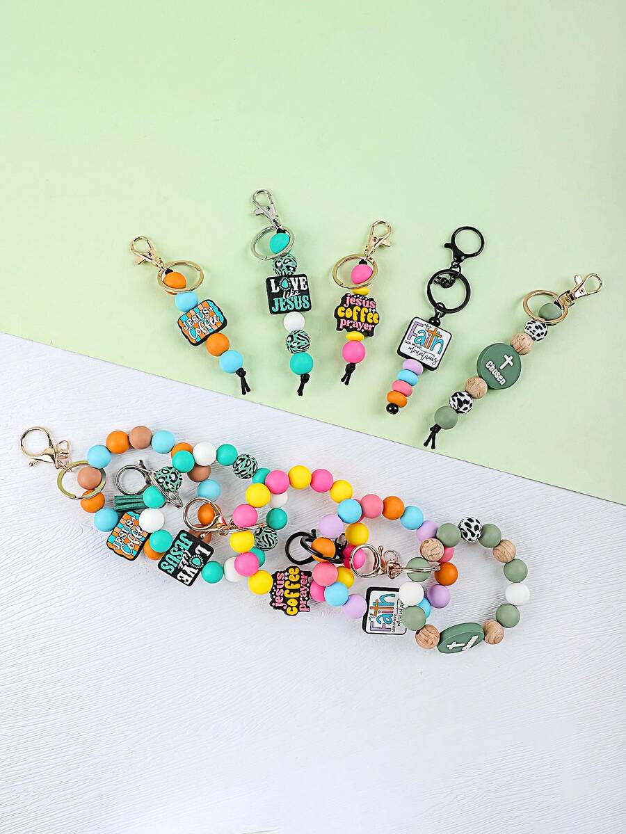 1pc Christian Beaded Bracelet Keychain - "Jesus, Coffee & Prayer" Silicone Bead Bracelet Keyring, Inspirational Religious Gift For Women - Multicolor - View 1