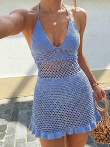 女士性感镂空露背系带沙滩罩衫迷你连衣裙，夏季度假 - 藍色 - 查看 4