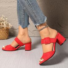 Sandales à talons hauts avec faux boutons en tissu de couleur unie, convenant pour les fêtes, l'extérieur, les vacances, le bureau, les mariages, toutes les saisons - Rouge - Voir 3