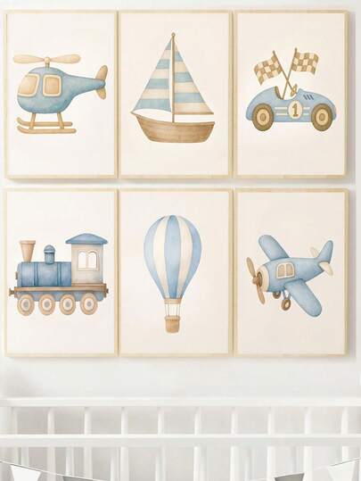1pc Canvas Wall Art, Framed Kids Room Decor, Blue Watercolor Transportation Theme Children's Room Decor Painting, Vintage Vehicle Design, Playroom Art, Kids Room Poster, Children's Home Decor. Perfect For Children's Room Decor, Playroom Decor, Preschool Decor, Girls' Bedroom Decor, Boys' Bedroom Decor, Kindergarten Decor, Nursery Decor.