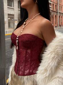 Y2K Burgundy Floral Embroidered Cropped Bustier Top, Sheer Mesh Lace-Up Backless, Suitable For Valentine's Day, Rave Festivals, Costume Parties, Masquerade Summer - Burgundy - View 5