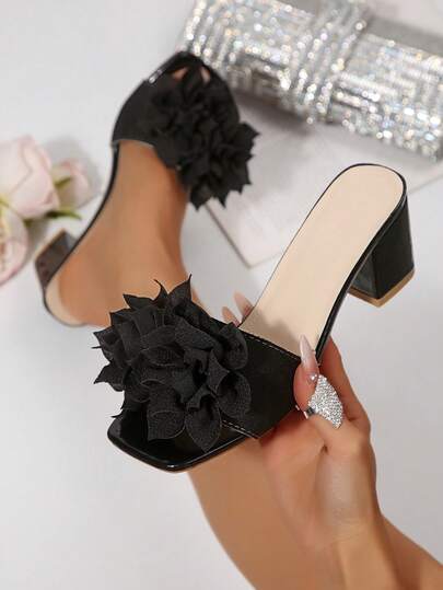 夏季3D立体花卉厚底凉鞋，学生方头露趾高跟穆勒鞋，青少年舞会高跟鞋，花卉凉鞋