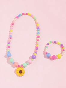 2pcs/Set Daisy Pendant Beaded Necklace & Bracelet Jewelry Set, Suitable For Girls Daily Wear, Parties, Birthday Gifts - one-size - View 8
