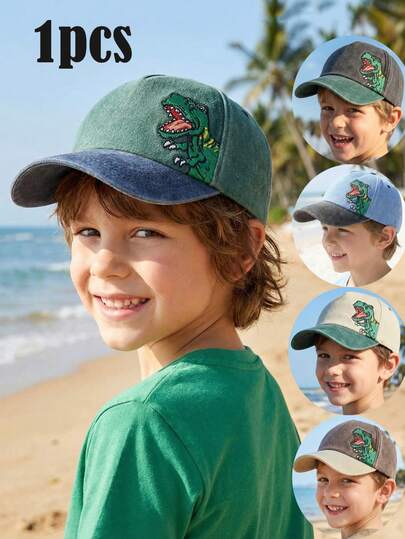 3-8Y Unisex Kids Vintage Washed Color Block Baseball Cap With 3D Tyrannosaurus Rex Embroidery, Adjustable Casual Outdoor Peaked Hat