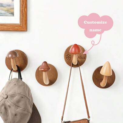 Customized Text Logo Creative Wooden Mushroom Coat Hook, No Drill Wall Mounted Solid Wood Hanger, Wooden Clothes Rack, Door Hanging Hook, Wall Decor Hook, Home Essentials, Moving Gift, Wooden Craft, Key Holder, No Trace