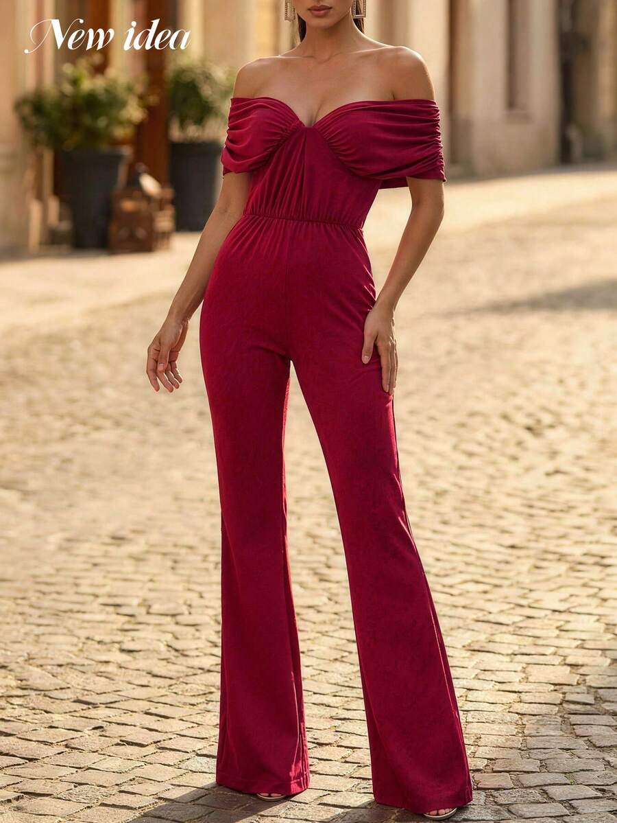 女士优雅露肩连体裤，褶皱高腰阔腿连体裤，适合派对穿着 - 酒紅色 - 查看 1
