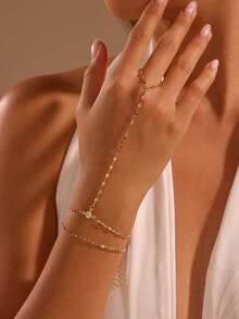 1 pieza Elegante pulsera con cadena con forma de labios con adorno de strass, diseño de cadena para el dedo, accesorio básico diario, regalo de verano para amigos, joyería - Dorado - Ver 5