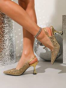 Fashionable Celebrity-Style Banquet Versatile High Heels, New Summer Rhinestone Pointed Toe Ankle Strap Crystal Women Sandals - Gold - View 14