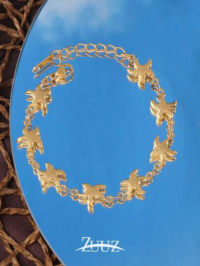 سوار فضي عتيق من الفولاذ المقاوم للصدأ للنساء، سوار بسلسلة نجمة البحر المجوفة للزينة اليومية