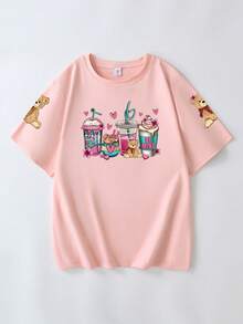咖啡熊印花圓領圖案女款休閒夏季上衣，短袖印花，適合夏季度假與沙灘穿著 - 粉色 - 查看 2
