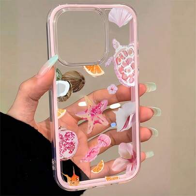 1 pieza Funda de teléfono transparente y a prueba de golpes con diseño lindo de tortuga marina, elemento oceánico rosa, flor y fruta, adecuada para iPhone11 12 13 14 15 16 17 Pro Max, unisex